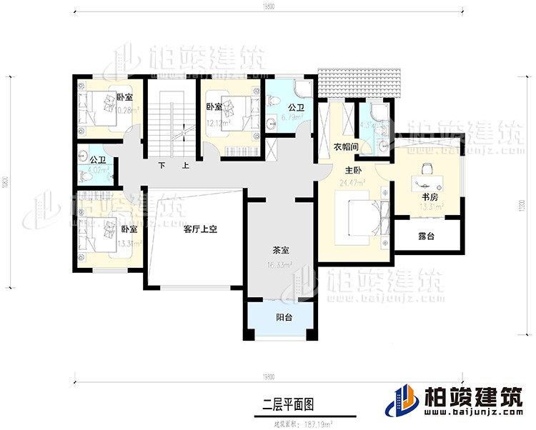 二层:4卧室,阳台,露台 ,衣帽间,书房,内卫,公卫 ,茶室