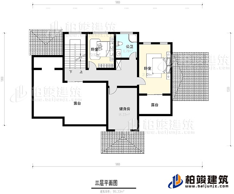 三层:2卧室,公卫,健身房,2露台。
