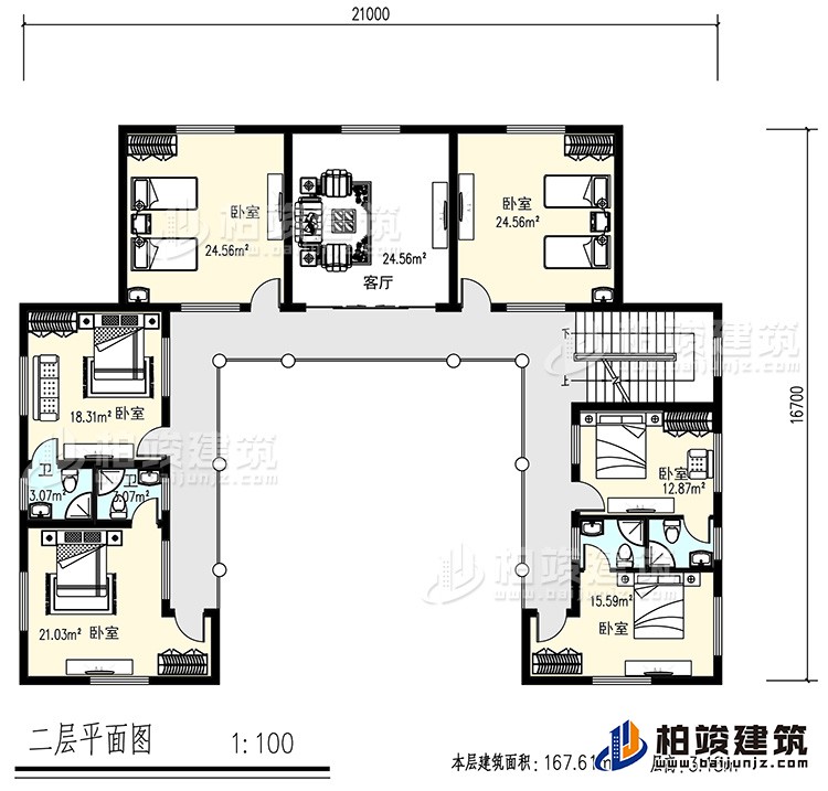二层:6卧室,4卫生间,客厅