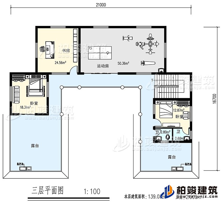 三层:书房,运动房,2卧室,2卫生间,露台