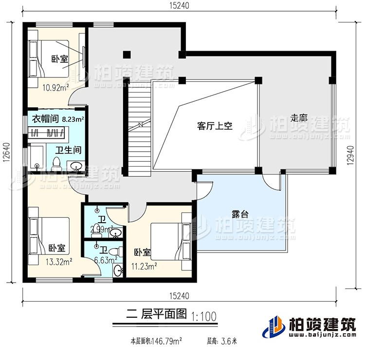 二层:3卧室,内卫,公卫,起居室,楼梯,阳台,露台,书房