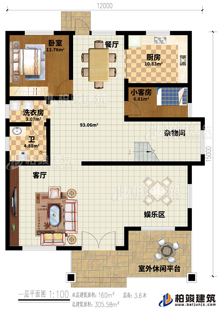 一层:入户,客厅,厨房,餐厅,2卧室,书房,公卫,楼梯