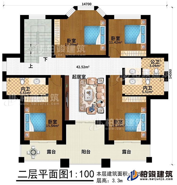 二层:2露台、阳台、4卧室、2内卫、公卫、起居室