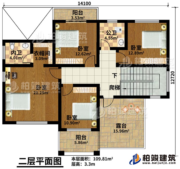 二层:4卧室,公卫,内卫,2阳台,露台