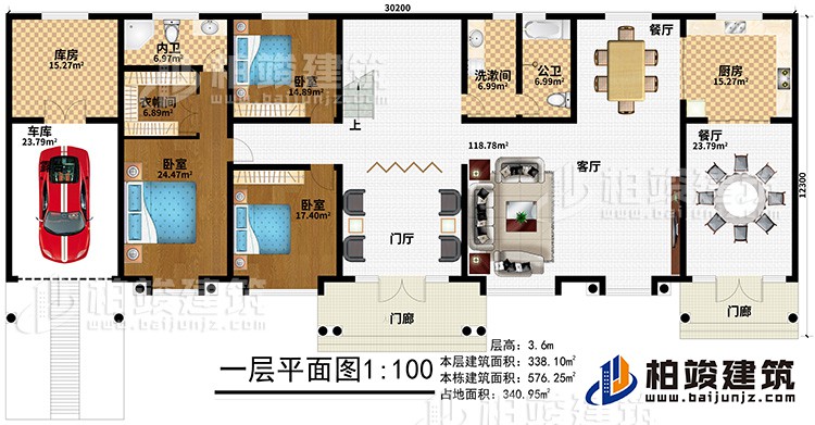 一层:2门廊、门厅、客厅、2餐厅、厨房、公卫、洗漱间、3卧室、衣帽间、内卫、库房、车库