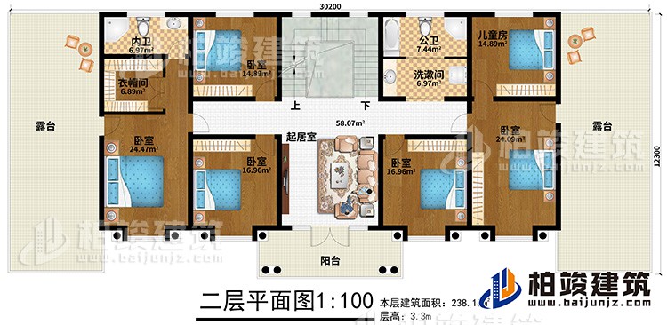 二层:5卧室、儿童房、公卫、洗漱间、内卫、起居室、2露台、阳台