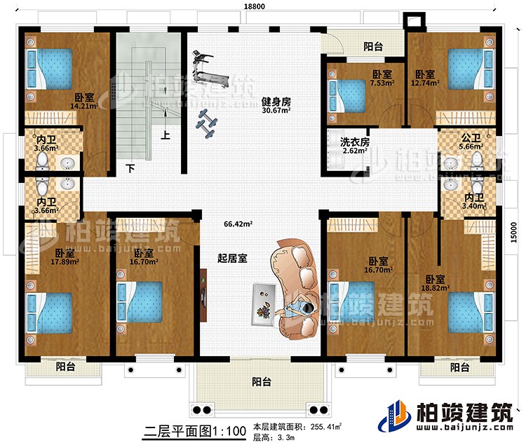 二层:7卧室、起居室、健身房、3内卫、公卫、洗衣房、4阳台