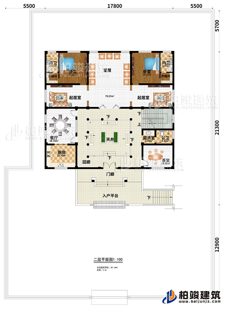 二层:2卧室、2衣帽间、2内卫、堂屋、2起居室、餐厅、厨房、回廊、花室、盥洗室、公卫、门廊、入户平台、天井