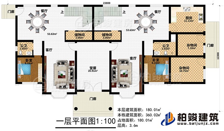 一层:3门廊、堂屋、2客厅、2卧室、2公卫、2餐厅、2储物间、厨房、2杂物间