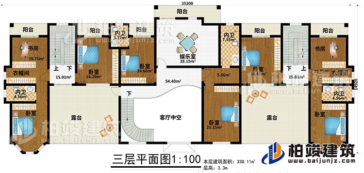 三层:6卧室、2衣帽间、2书房、4内卫、娱乐室、6阳台、2露台、客厅中空