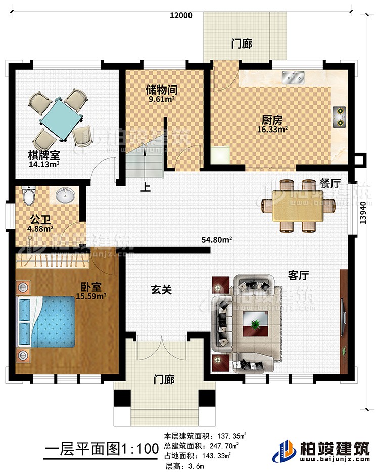 一层:2门廊、玄关、客厅、餐厅、厨房、储物间、棋牌室、公卫、卧室