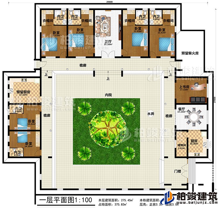 一层:门楼、3檐廊、水井、内院、储物间、厨房、餐厅、上书房、预留柴火房、6卧室、4衣帽间、6内卫