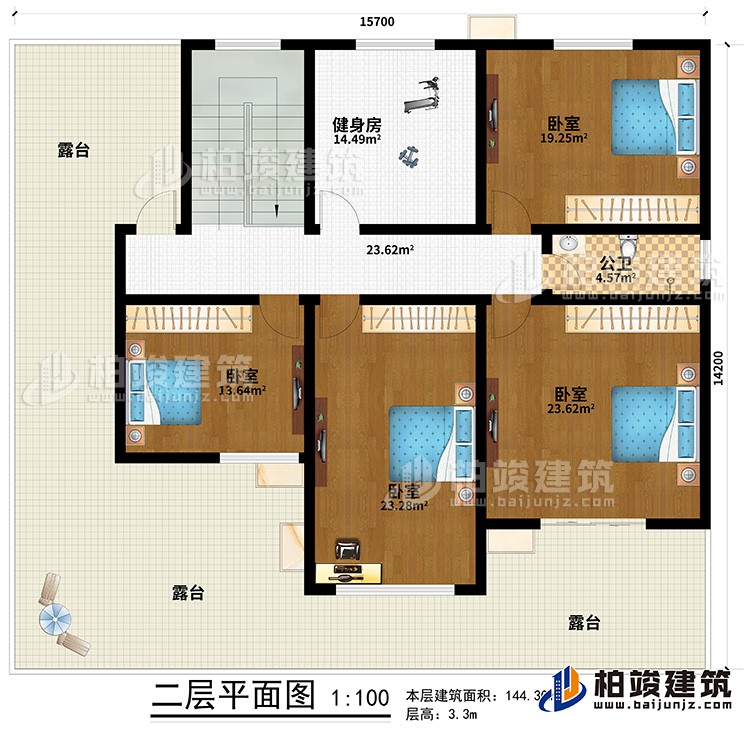 二层:4卧室,公卫,健身房,露台