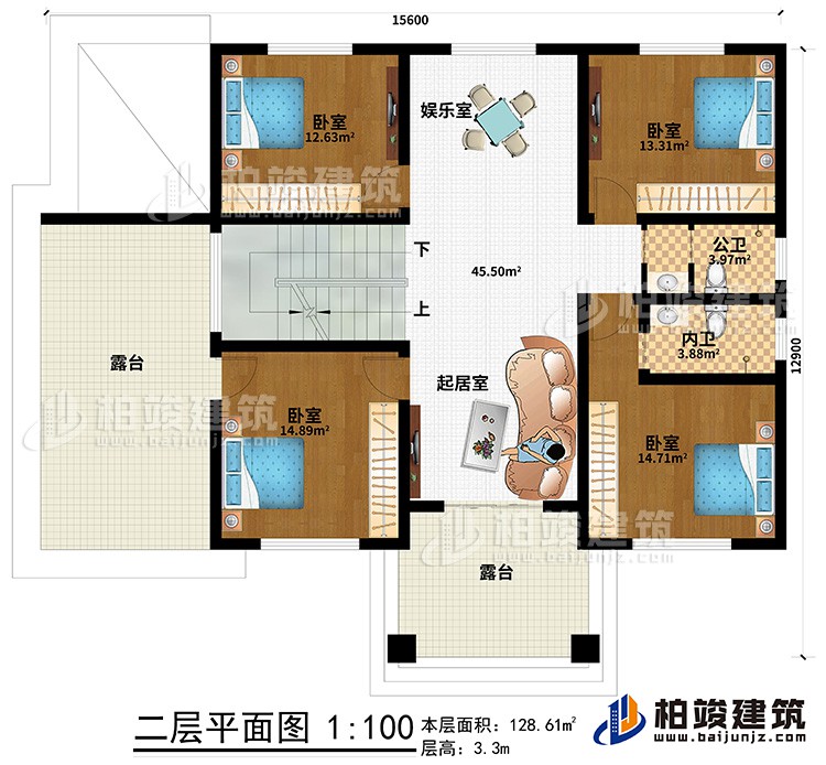二层:4卧室,内卫,公卫,起居室,楼梯,棋牌室,2露台