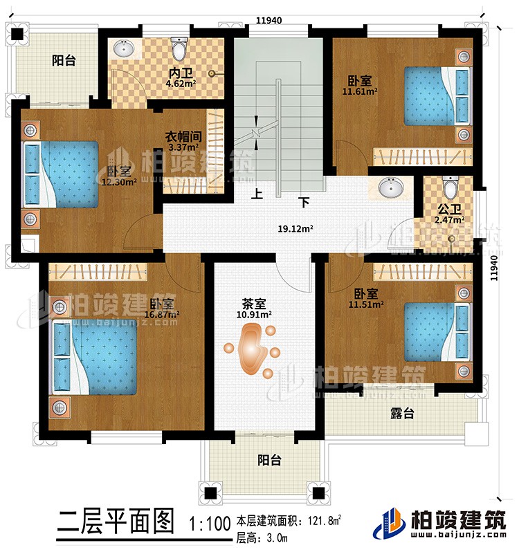 二层:4卧室、衣帽间、茶室、公卫、内卫、2阳台、露台