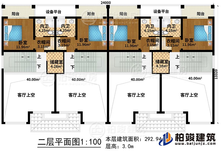 二层:4客厅上空、2储藏室、4卧室、4衣帽间、4内卫、4阳台