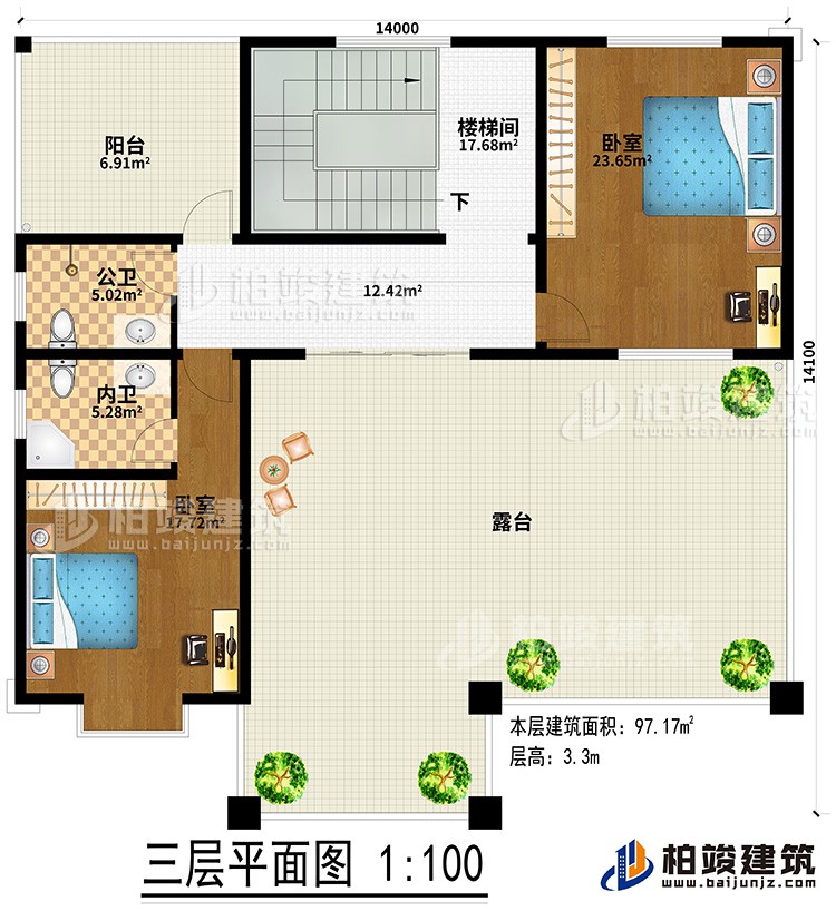三层:2卧室、楼梯间、公卫、内卫、阳台、露台