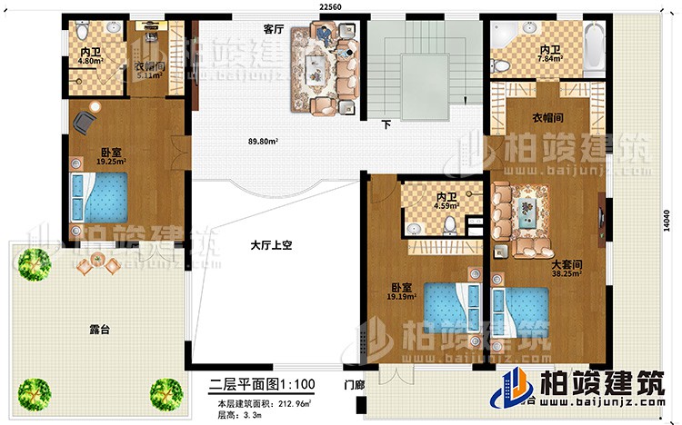 二层:客厅,大套间带内卫和衣帽间,单间带内卫,中套间带内卫和衣帽间,2露台,楼梯