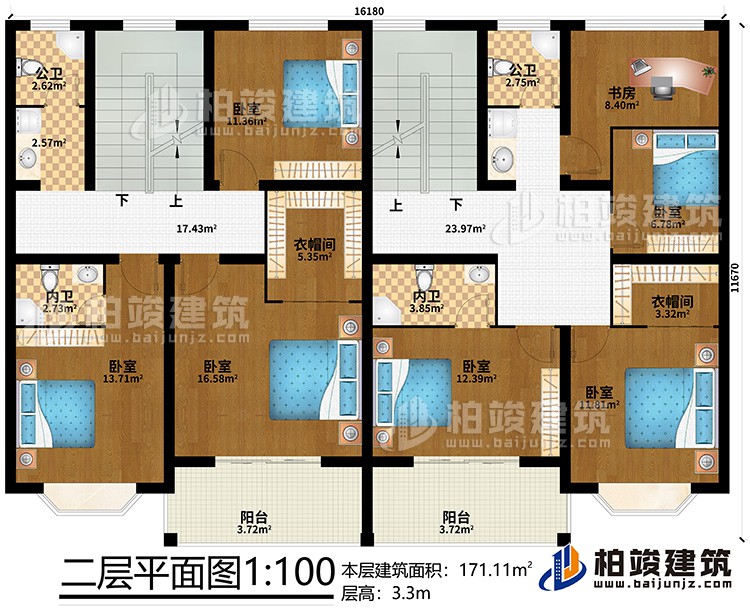 二层:2衣帽间、2内卫、2公卫、书房、6卧室、2阳台