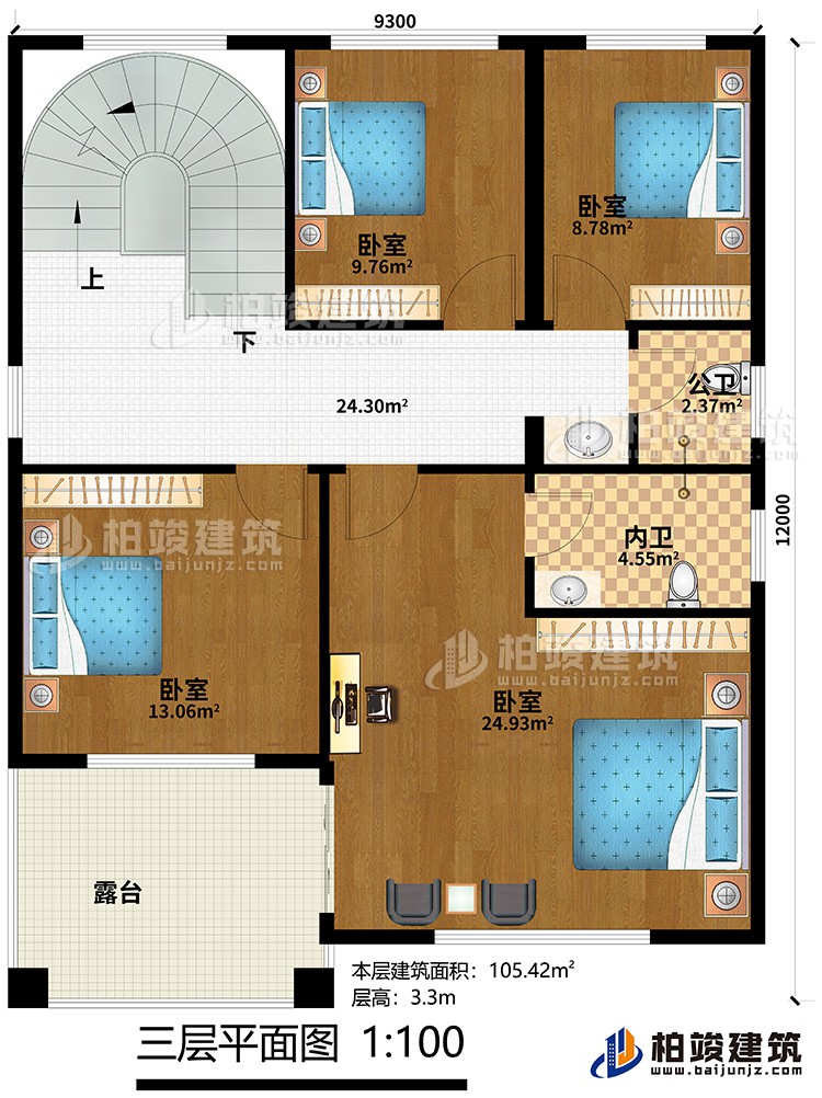 三层:4卧室,内卫,公卫,露台