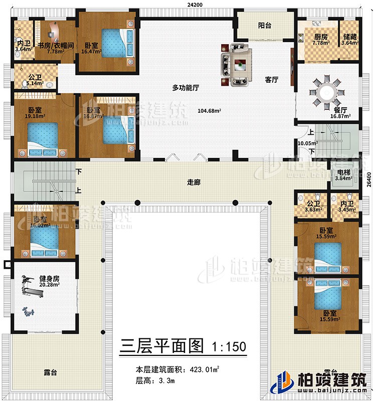 三层:健身房、6卧室、书房/衣帽间、2内卫、2公卫、多功能厅、客厅、阳台、餐厅、厨房、储藏、电梯、2露台
