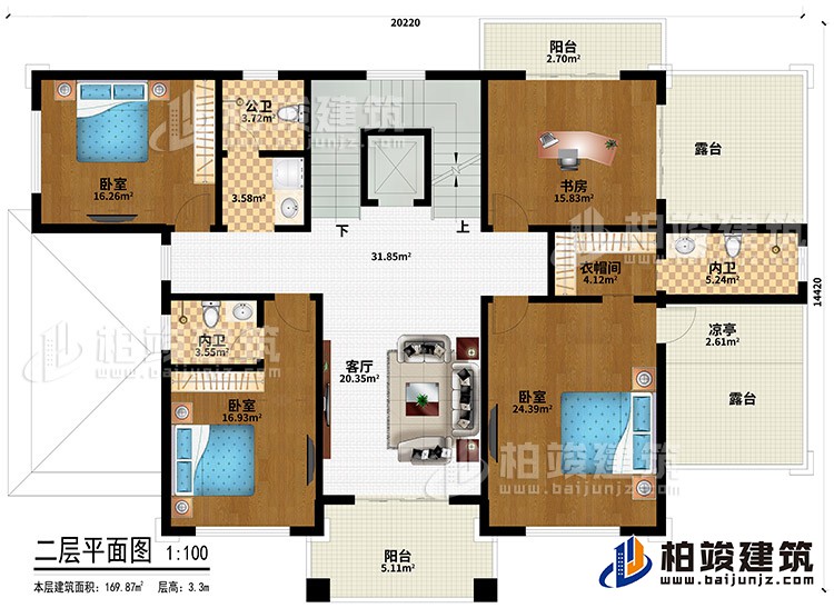 二层:3卧室、衣帽间、2内卫、公卫、客厅、书房、衣帽间、2阳台、2露台、凉亭