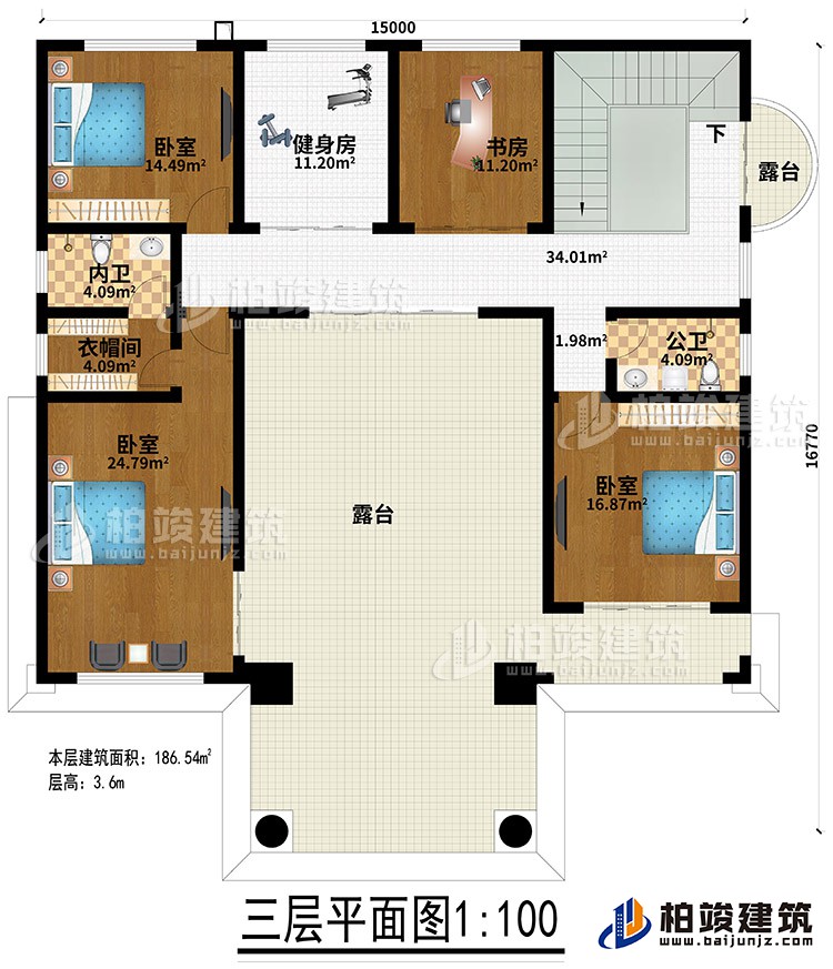 三层:3卧室、健身房、衣帽间、内卫、公卫、健身房、书房、2露台