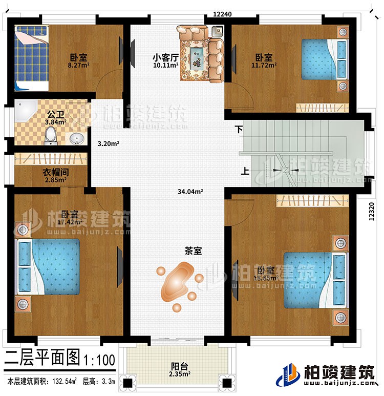 二层:4卧室、小客厅、茶室、衣帽间、公卫、阳台