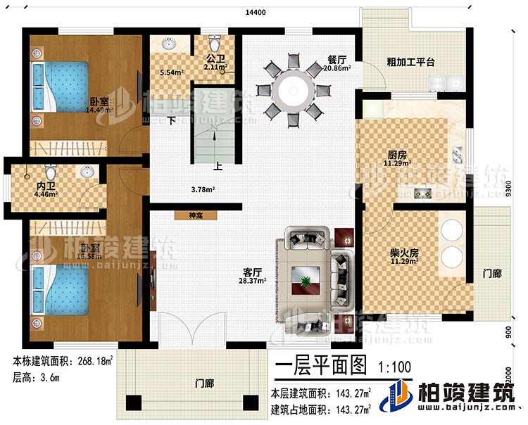 一层:2门廊、客厅、神龛、厨房、柴火房、餐厅、粗加工平台、2卧室、公卫、内卫