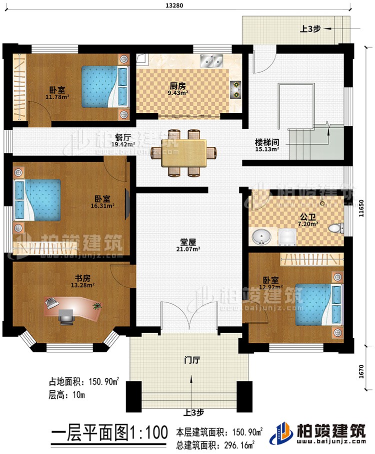 一层:门厅、堂屋、餐厅、厨房、楼梯间、3卧室、书房、公卫