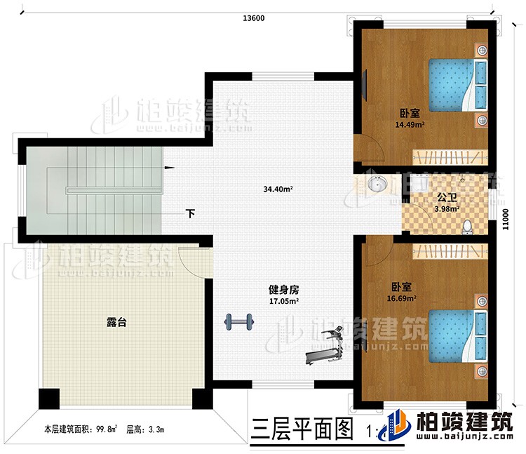 三层:2卧室、公卫、健身房、露台