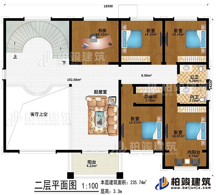 二层:4卧室、起居室、书房、客厅上空、衣帽间、内阳台、阳台、公卫、内卫
