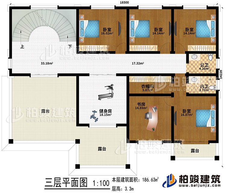 三层:4卧室、健身房、书房、衣帽间、3露台、公卫、内卫