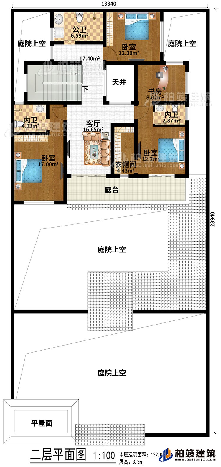 二层:平屋面、4庭院上空、3卧室、客厅、天井、衣帽间、书房、公卫、2内卫