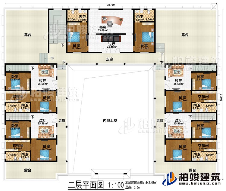 二层:内庭上空、5过厅、书房、3走廊、4露台、10卧室、4衣帽间、6内卫