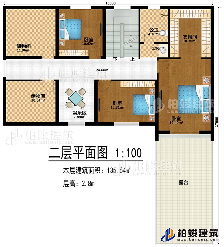 阁楼:娱乐区、2储物间、3卧室、衣帽间、露台