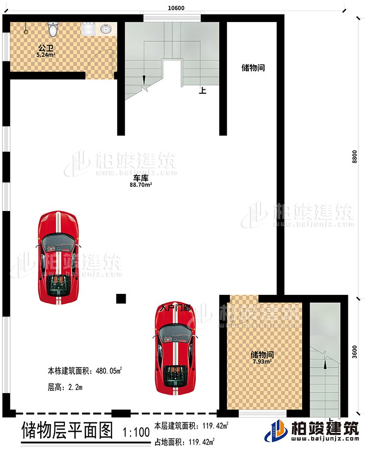 地下室:2储物间、公卫、车库