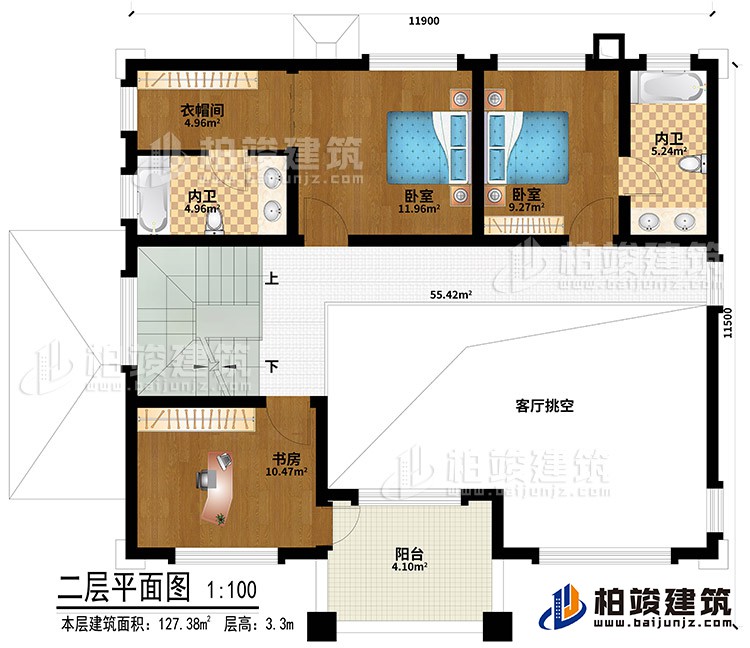 二层:客厅挑空、2卧室、衣帽间、书房、2内卫、阳台