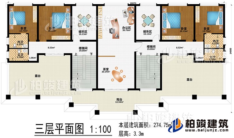 三层:办公区、茶室、2楼梯间、2娱乐区、4卧室、2公卫、2内卫、2露台