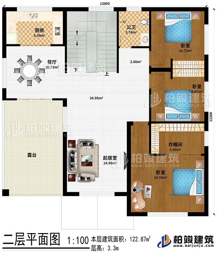 二层:起居室、餐厅、厨房、公卫、3卧室、衣帽间、露台