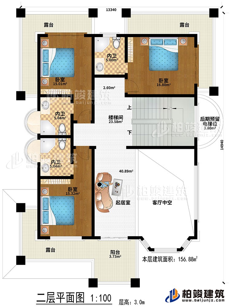 二层:起居室、客厅中空、楼梯间、3卧室、3内卫、阳台、3露台、后期预留电梯位