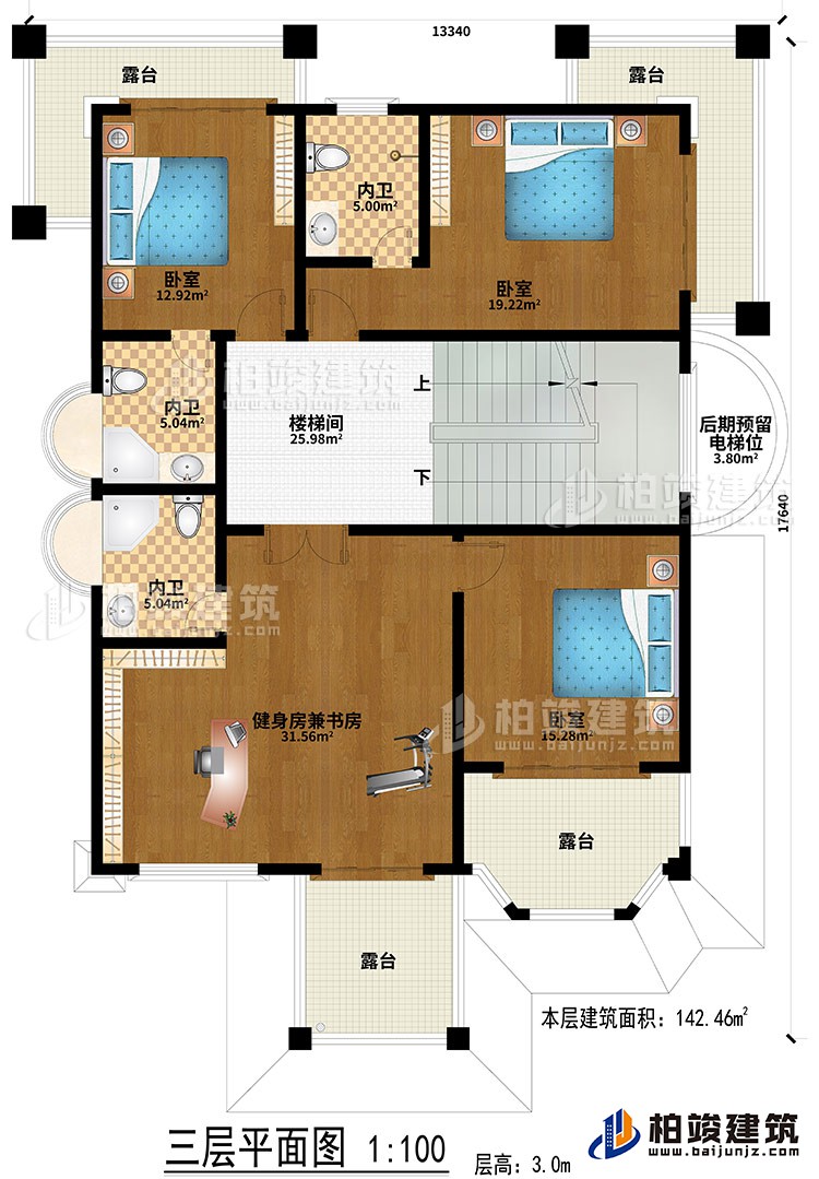 三层:楼梯间、健身房兼书房、3卧室、3内卫、后期预留电梯位、4露台