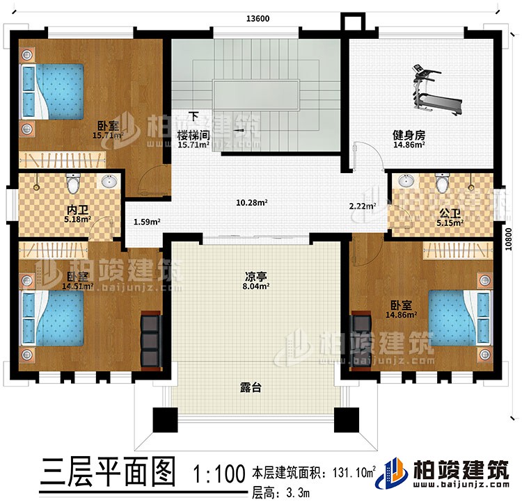 三层:楼梯间、健身房、3卧室、公卫、内卫、凉亭、露台