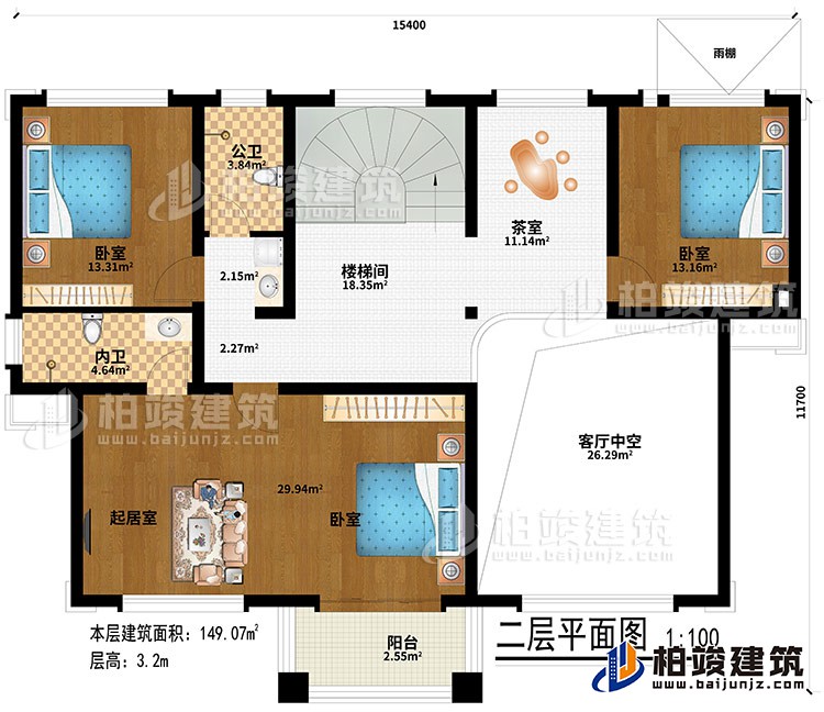 二层:3卧室、起居室、楼梯间、雨棚、茶室、客厅中空、公卫、内卫、阳台