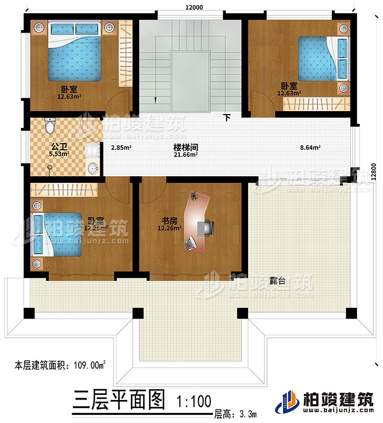 三层:3卧室、楼梯间、书房、公卫、露台
