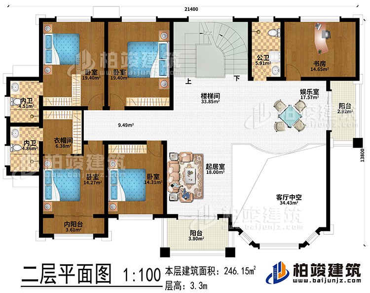 二层:起居室、楼梯间、娱乐室、客厅中空、4卧室、书房、衣帽间、2内卫、公卫、2阳台、内阳台