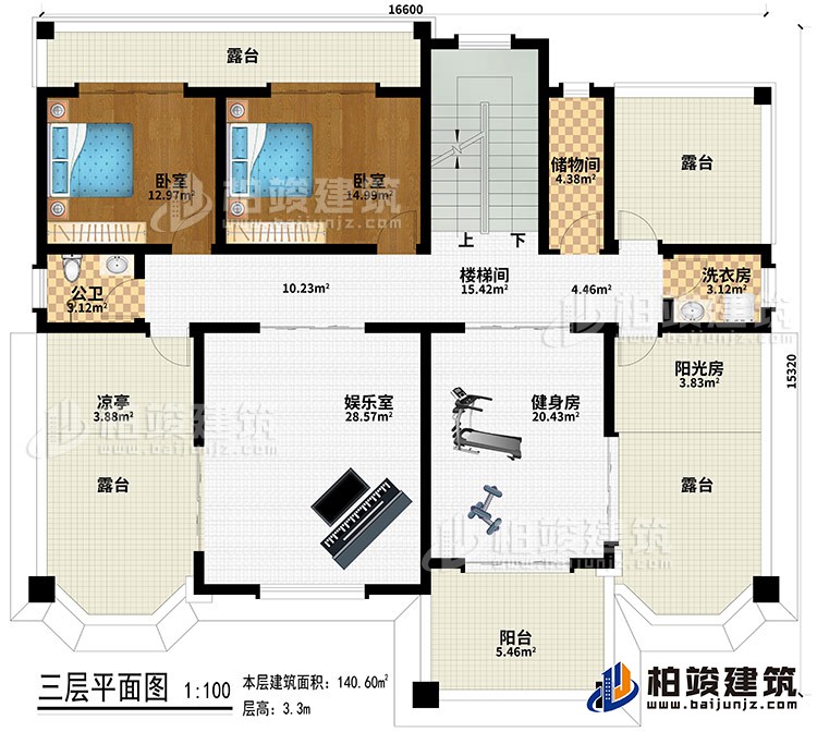 三层:楼梯间、储物间、洗衣房、2卧室、娱乐室、健身房、阳光房、凉亭、4露台、阳台