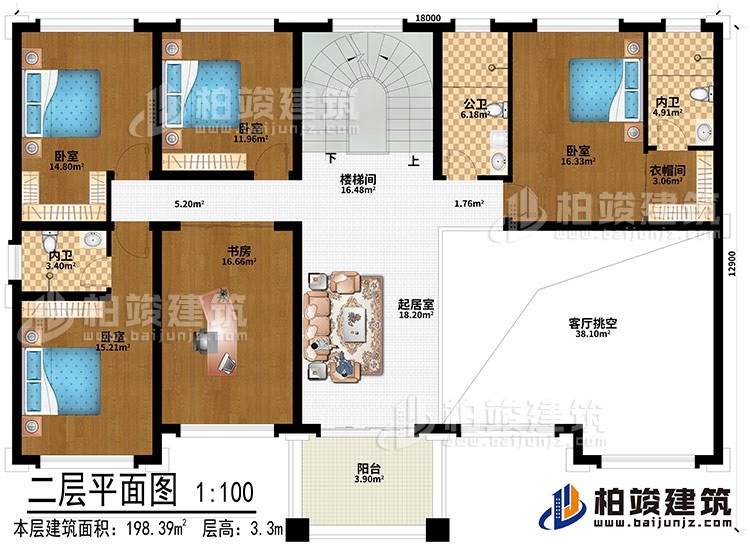二层:起居室、客厅挑空、4卧室、书房、楼梯间、衣帽间、公卫、2内卫
