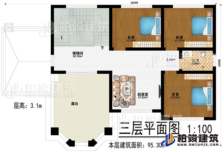 三层:起居室、楼梯间、3卧室、公卫、露台