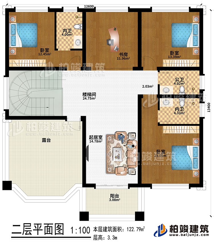 二层:楼梯间、起居室、3卧室、书房、2内卫、公卫、露台、阳台